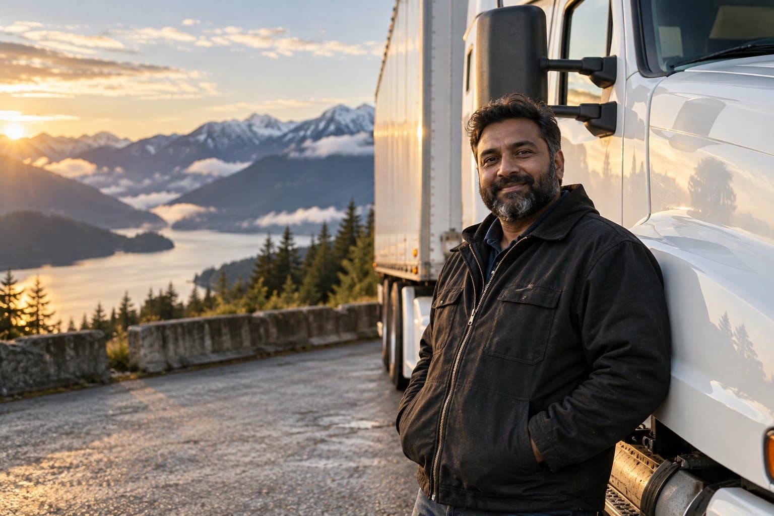 A truck driver standing beside his semi-truck on a BC highway