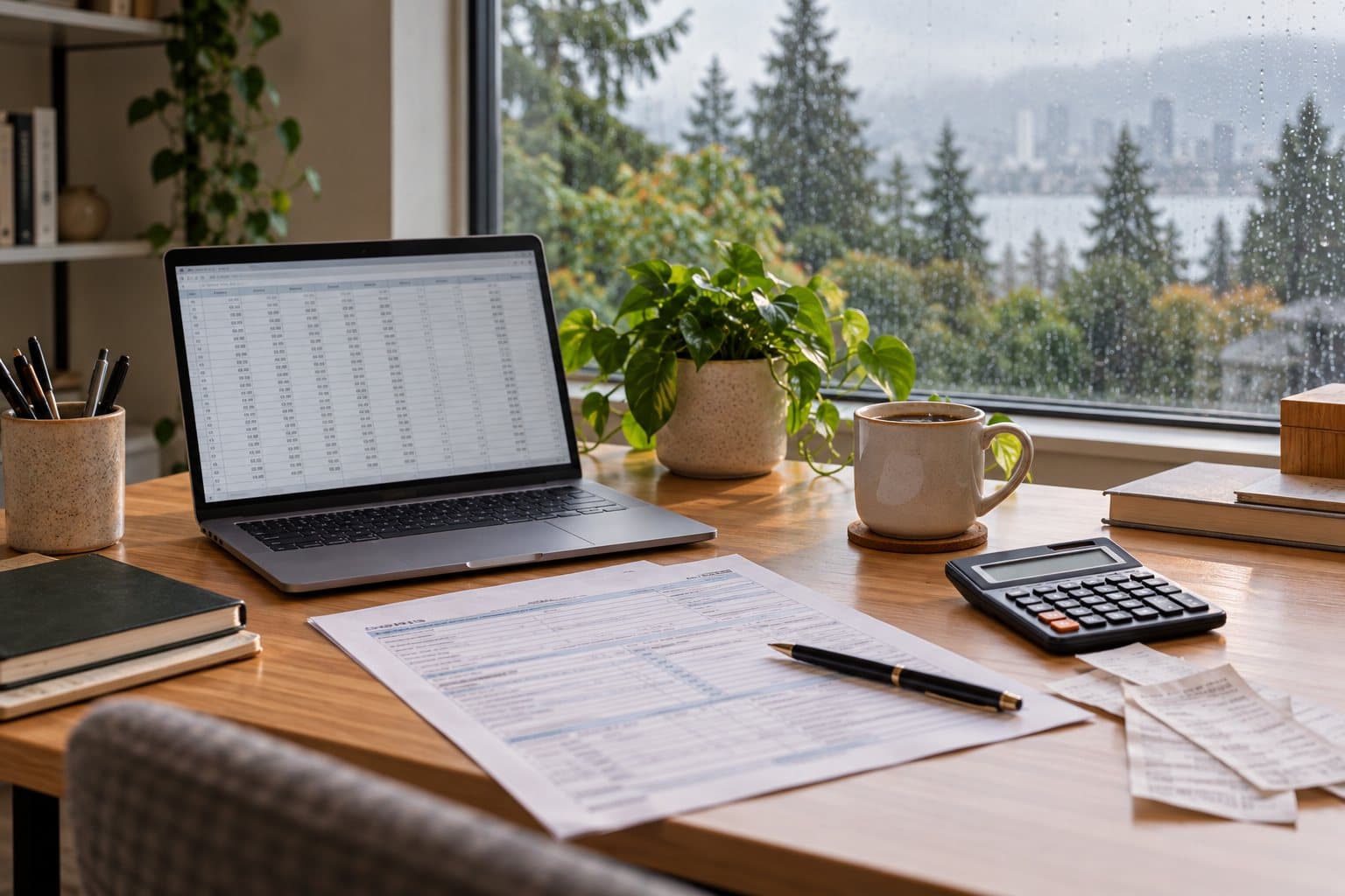 A tidy accounting desk with a laptop, tax forms and a calculator by a rainy window